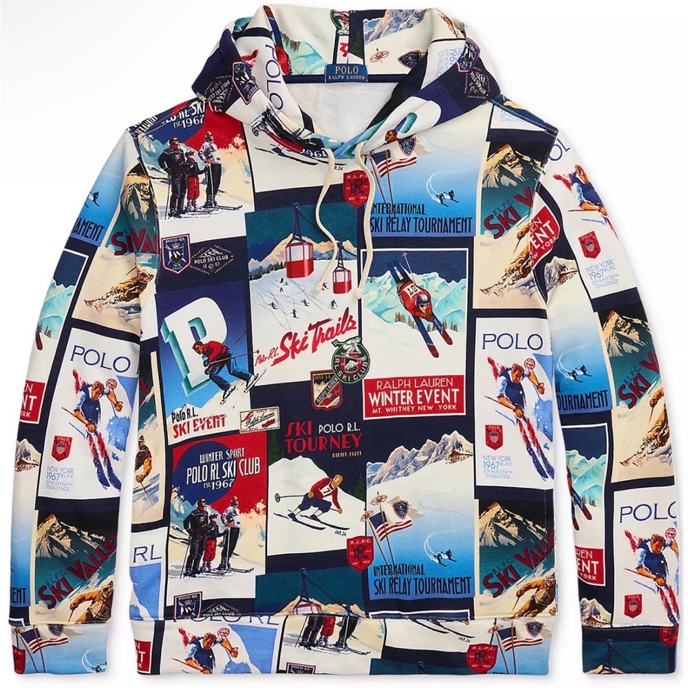 New Men's Polo Ralph Lauren Patchwork Ski Print Hoodie Sweatshirt Blue Black M